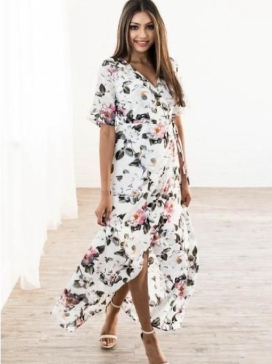 Baltic Born Dresses & Skirts - EUC Baltic Born White Pink Floral Wrap Midi Dress with Flutter Sleeves